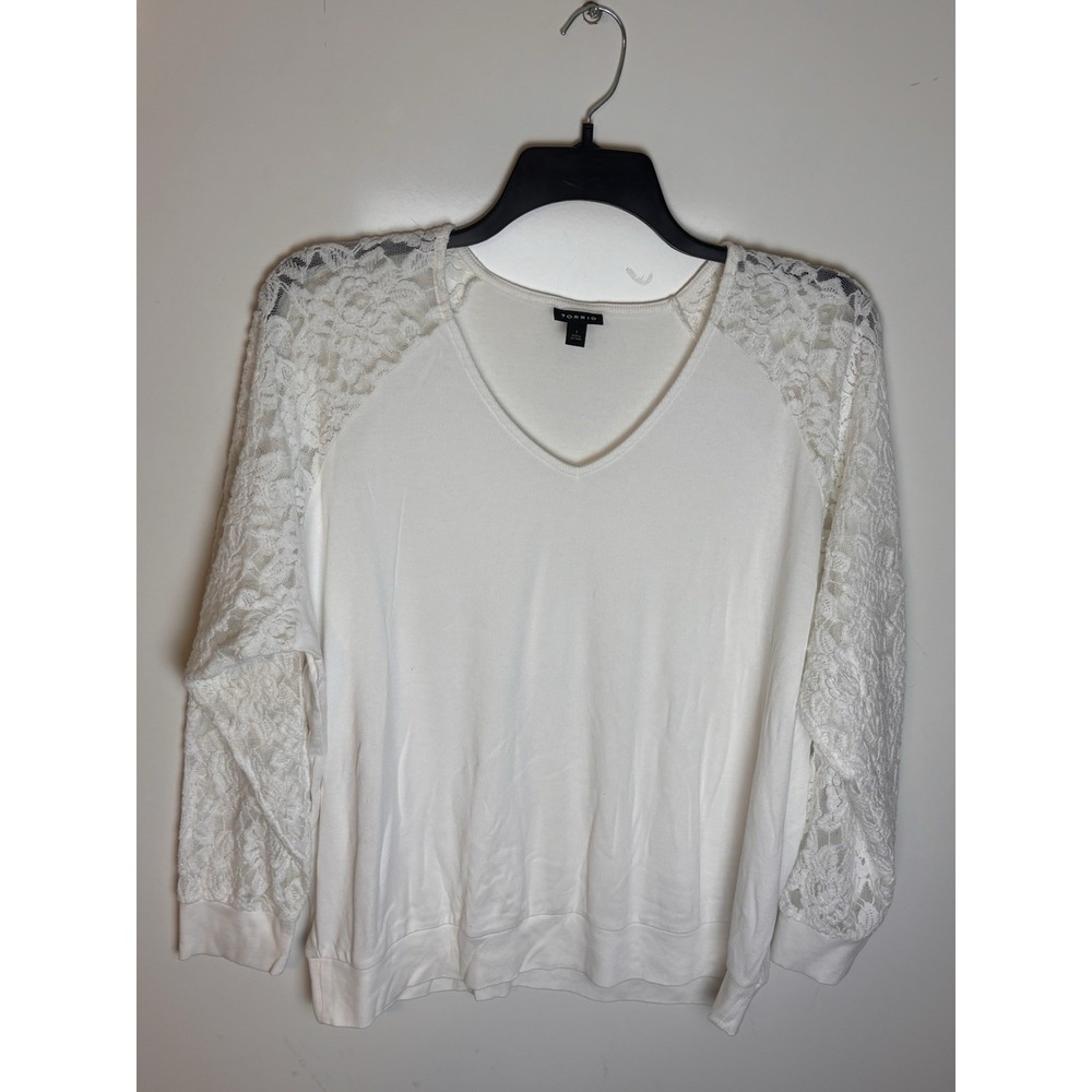 Torrid Cotton Modal Rib V-Neck Lace Long Sleeve Top White Plus Size 1 1X